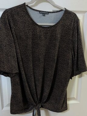Adrienne Vittadini Deep Navy Top with Copper Speckle Print and Front Tie
